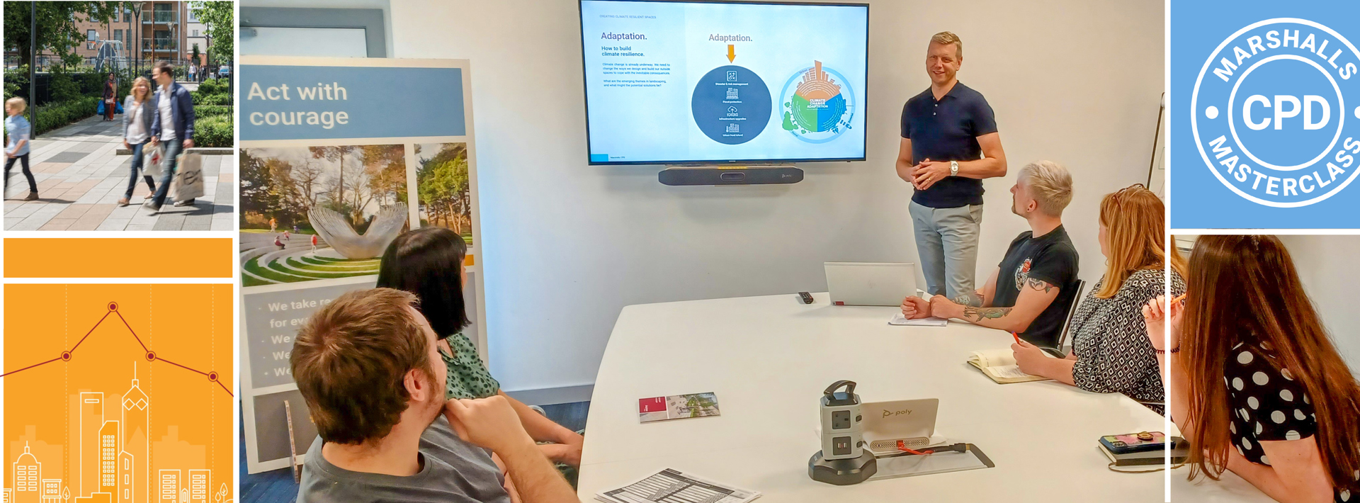 Marshalls staff sat around a table looking at a presentation on the screen