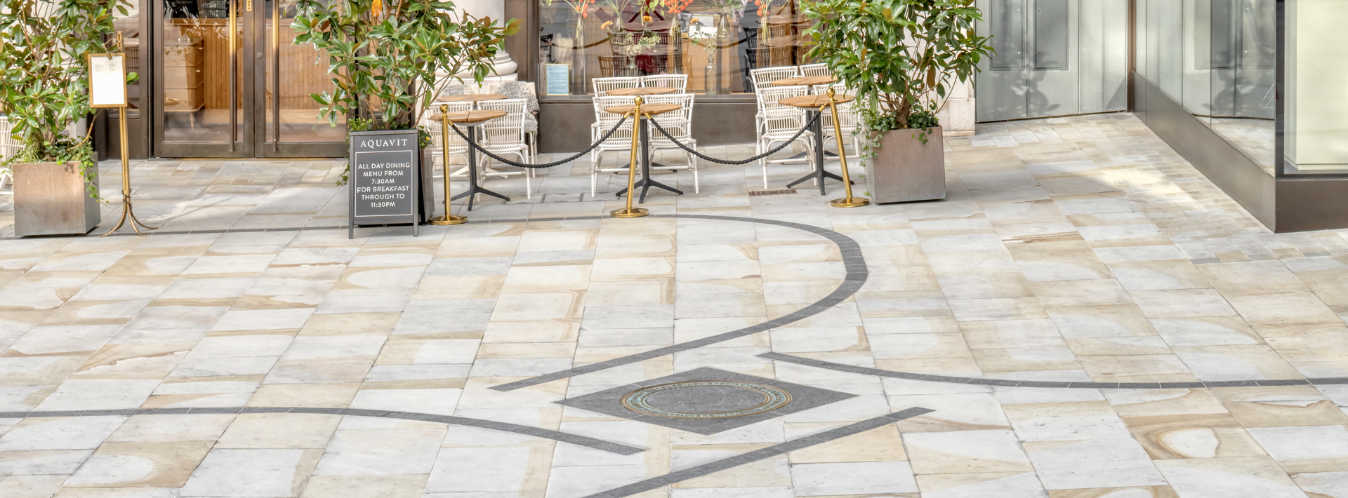 Marshalls Scoutmoor paving laid outside a restaurant