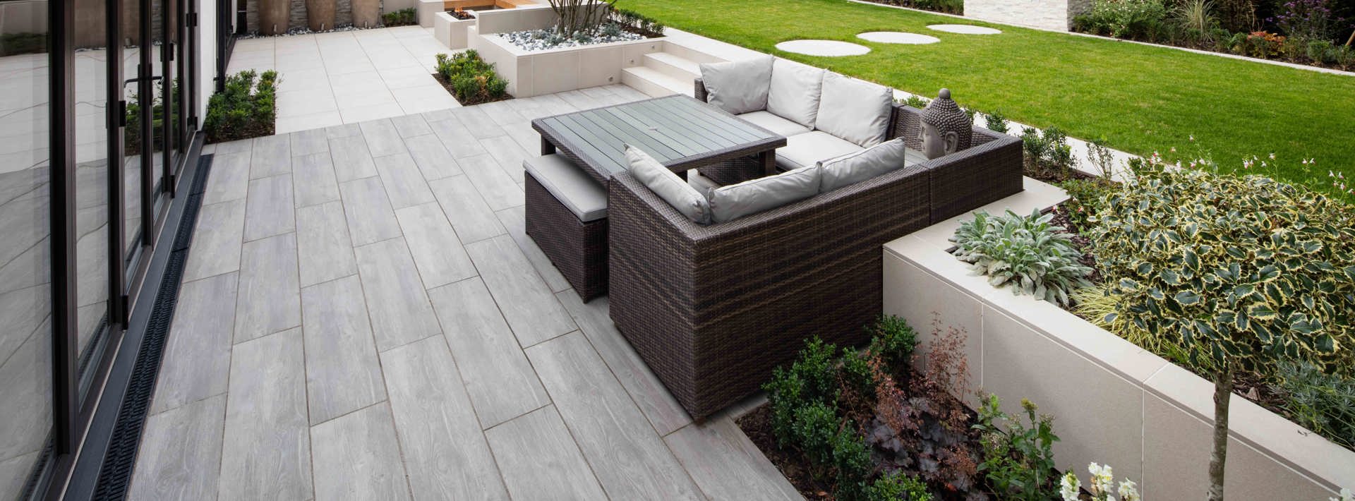 Marshalls Symphony plank paving with outdoor garden furniture