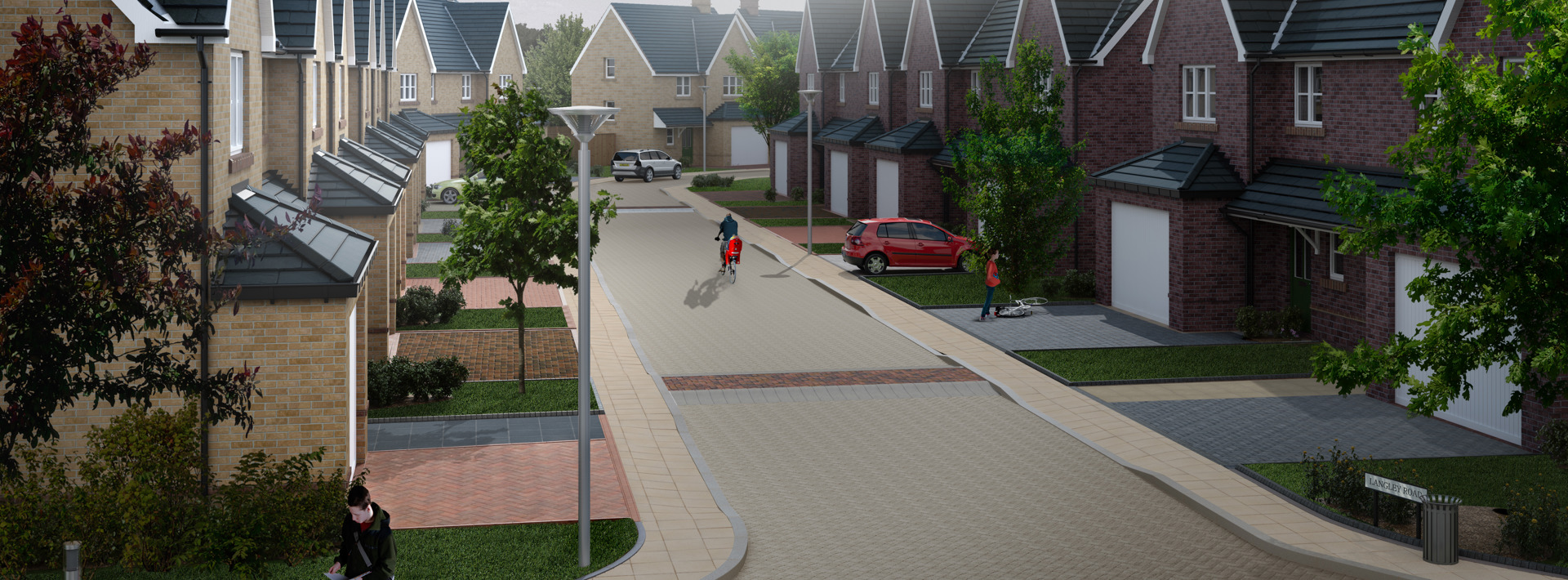 A CGI design of houses on a street